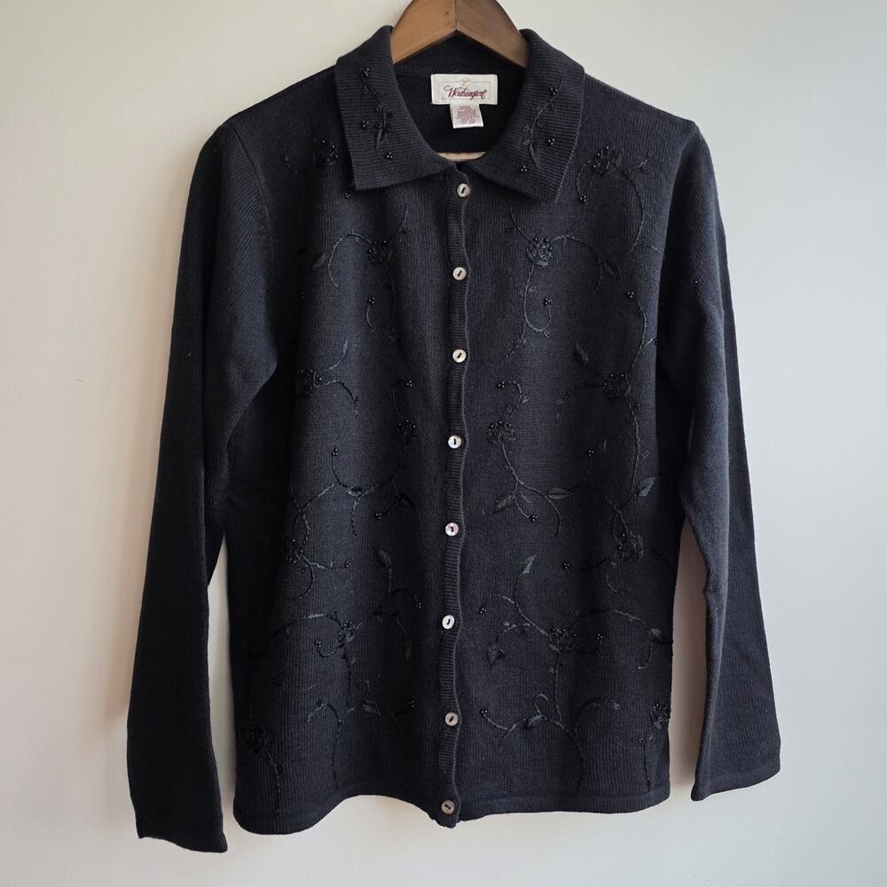 Worthington VTG Embroidered Beaded Black Button Cardigan Sweater Dark Coquette‎